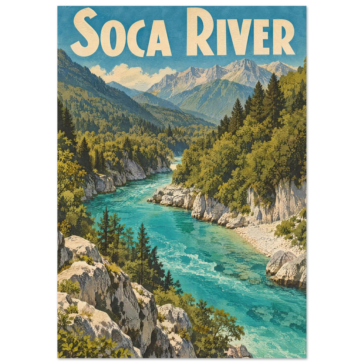 Soca River winding through pale rocks and green forest beneath mountain peaks, with large cream lettering overhead.