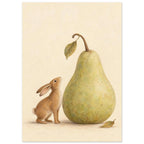 Hare and the Big Pear illustration of a small cinnamon hare looking up at an oversized pale green pear on a cream background.