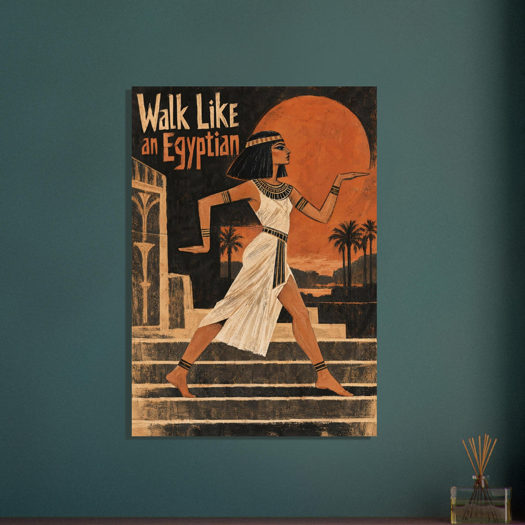 Egyptian-inspired woman in an ivory dress posing before an orange disc, with palms and 'Walk Like an Egyptian' text.
