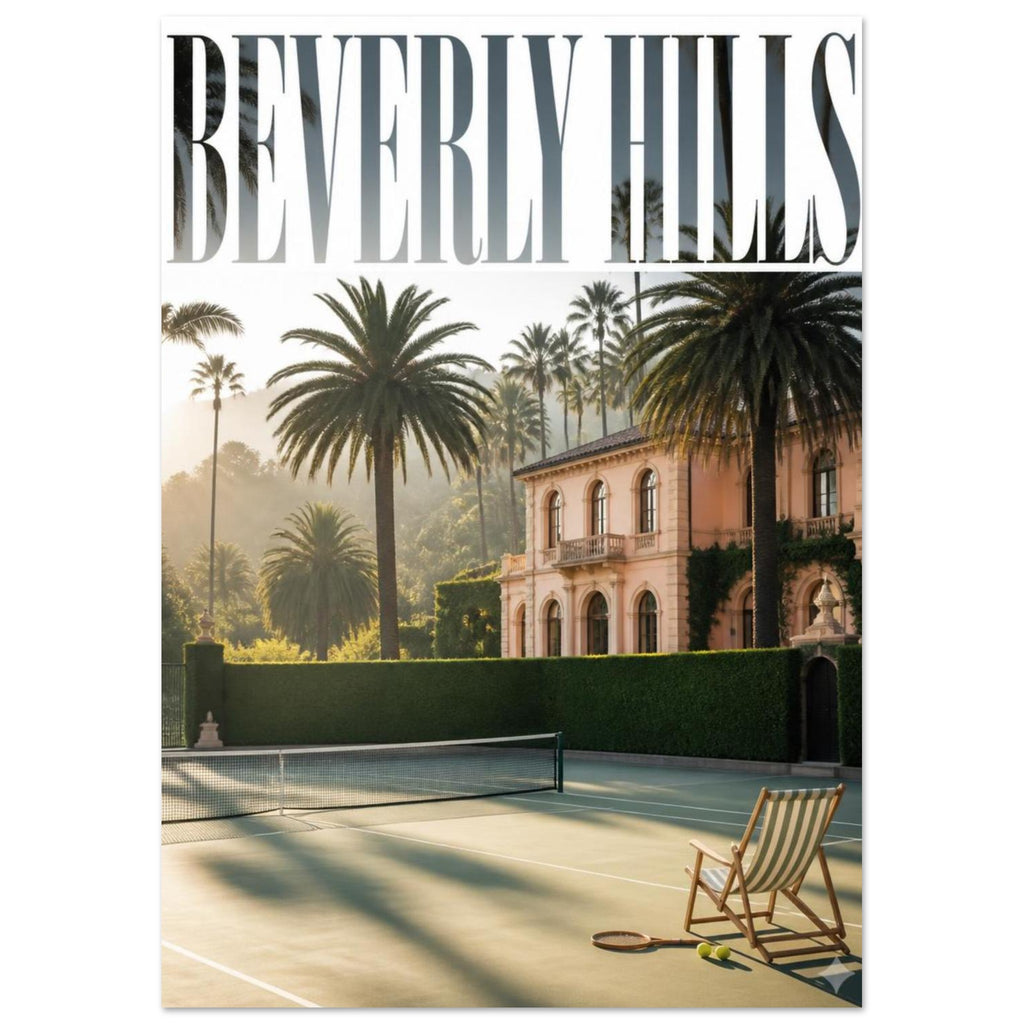 Beverly Hills lettering above a palm-lined tennis court, peach villa, striped deckchair, racket and two tennis balls.