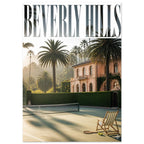 Beverly Hills lettering above a palm-lined tennis court, peach villa, striped deckchair, racket and two tennis balls.