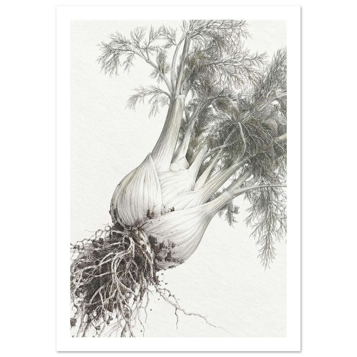 Fennel bulbs with exposed roots and feathery grey-green foliage arranged diagonally against an off-white background.
