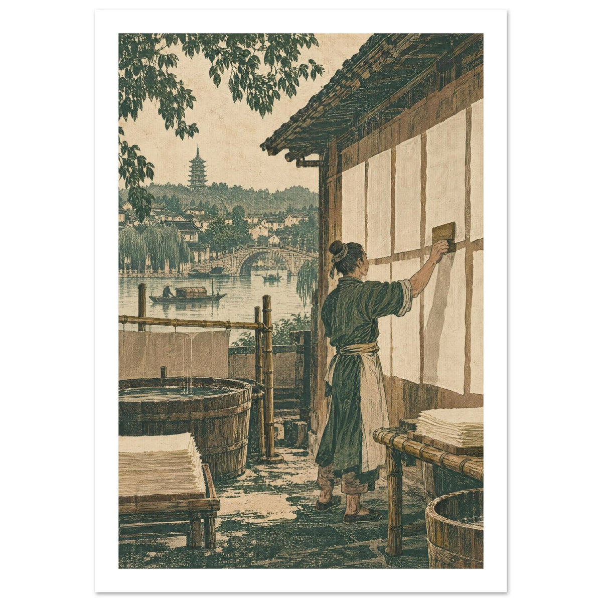 Paper-drying workshop with a figure brushing sheets on a wall, wooden tubs, boats, an arched bridge and a distant pagoda.