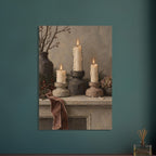 Quiet Christmas Candlelight shows three squat candleholders with uneven ivory candles and a velvet ribbon on a narrow neutral