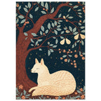 Cream fox resting beneath a pear tree with rust-brown branches, pale leaves and peach flowers against a starry blue sky.