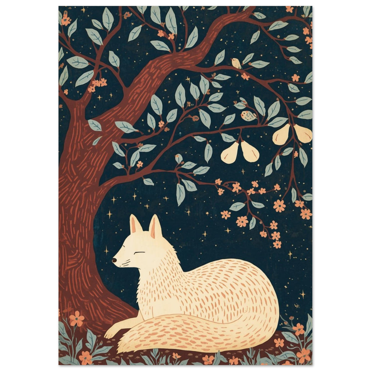 Cream fox resting beneath a pear tree with rust-brown branches, pale leaves and peach flowers against a starry blue sky.