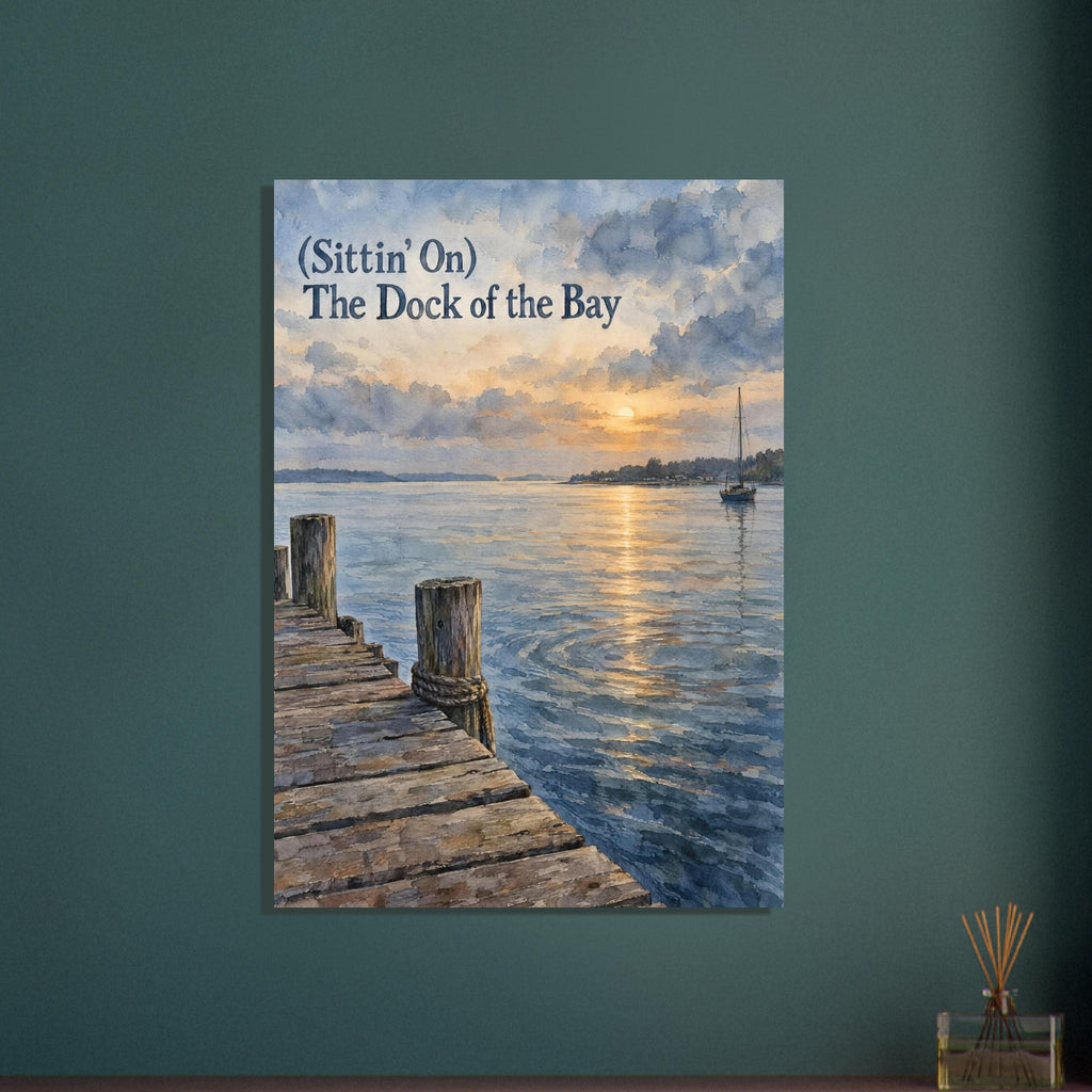 Wooden jetty beside blue water at sunset, with a sailboat and the words “(Sittin’ On) The Dock of the Bay” above.