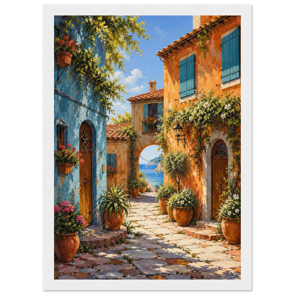 Coastal village lane with blue and orange buildings, potted flowers and a stone archway opening onto a sea view.
