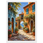 Coastal village lane with blue and orange buildings, potted flowers and a stone archway opening onto a sea view.