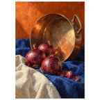Three red onions and loose skins on blue and cream cloth beside a tilted copper pan against an orange background.