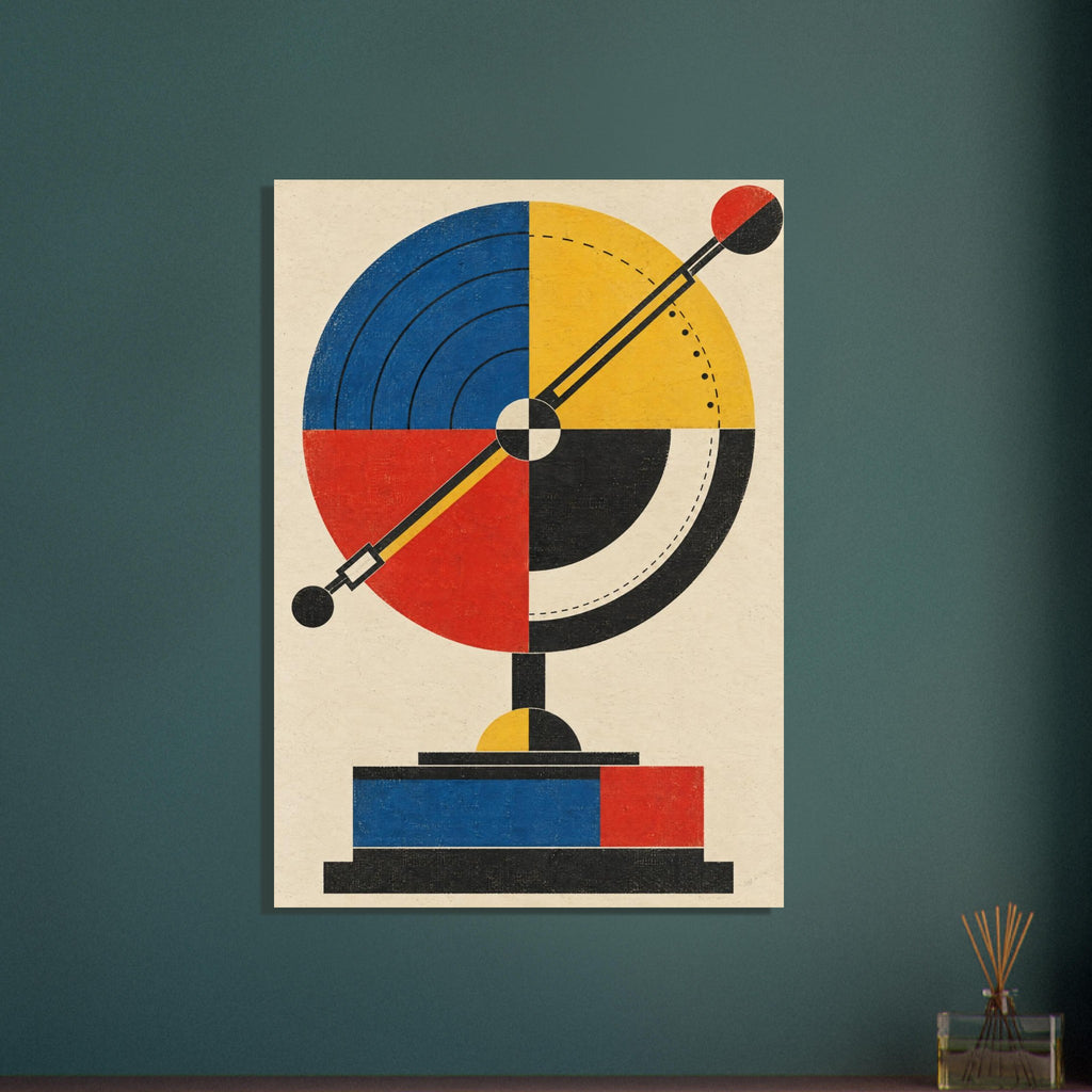 Geometric circular dial in blue, yellow, red and black with a diagonal pointer and block base on textured cream.