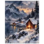 Watercolour snowy Nordic village at dusk with warm light in the cottage windows