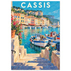 Cassis harbour with fishing boats, turquoise water, pastel buildings and stone steps beneath large cream Cassis lettering.
