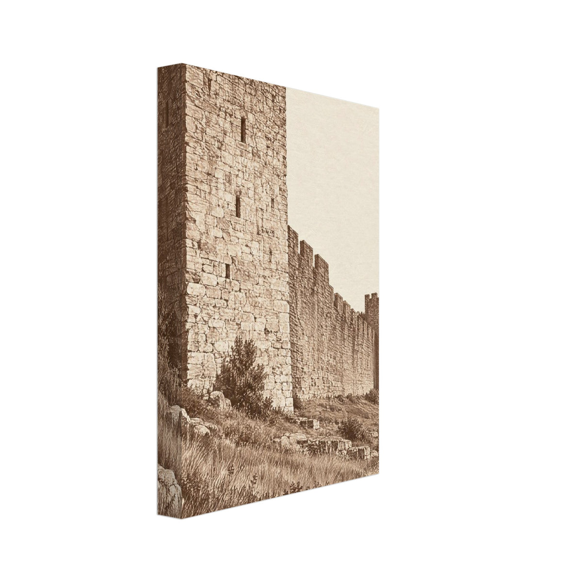 Crenellated stone tower and long fortress wall above rocky grassland, rendered in sepia brown against a cream sky.