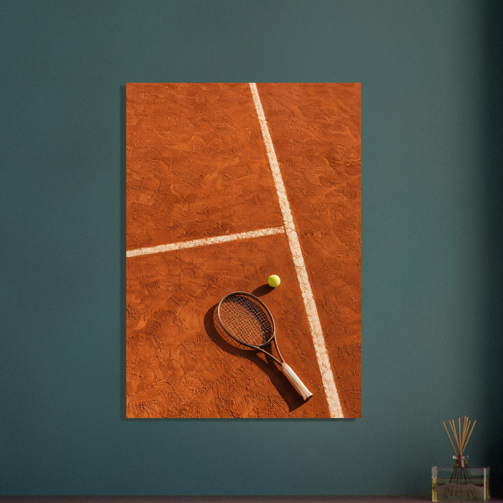 Tennis racket and yellow-green ball on an orange clay court, with white lines, footprints and strong shadows.