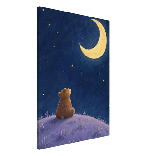 Brown bear sitting on a lilac hill, looking up at a yellow crescent moon and scattered stars in a deep blue sky.