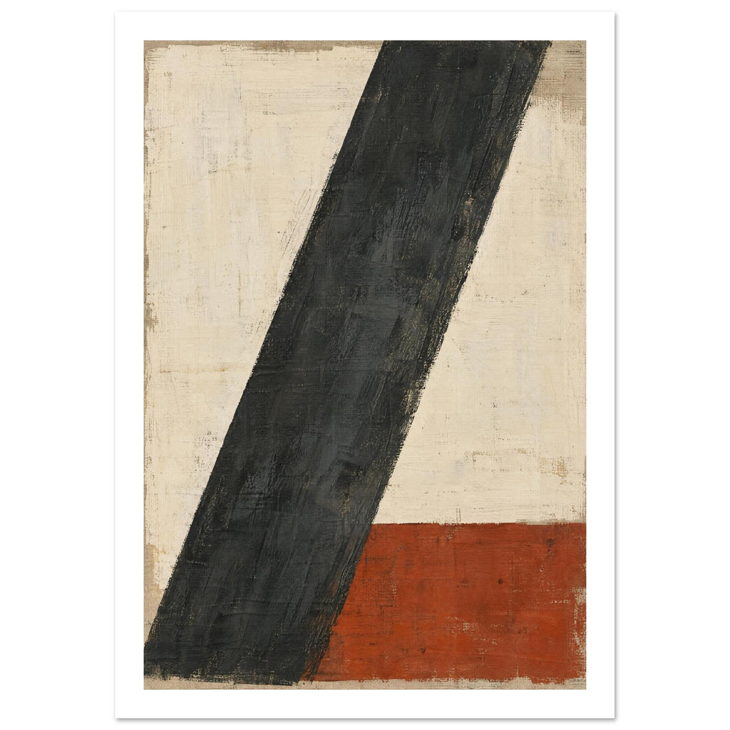Broad charcoal diagonal stripe across a textured cream background, with a rust-red rectangular block at the lower right.
