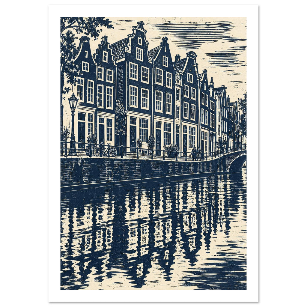 Gabled canal houses in navy and cream, with a street lamp, bicycles, an arched bridge and rippling reflections.