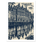 Gabled canal houses in navy and cream, with a street lamp, bicycles, an arched bridge and rippling reflections.