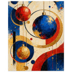 The Bauble Orchestra shows suspended circular ornaments and intersecting painted shapes in cobalt, vermilion, ochre and cream
