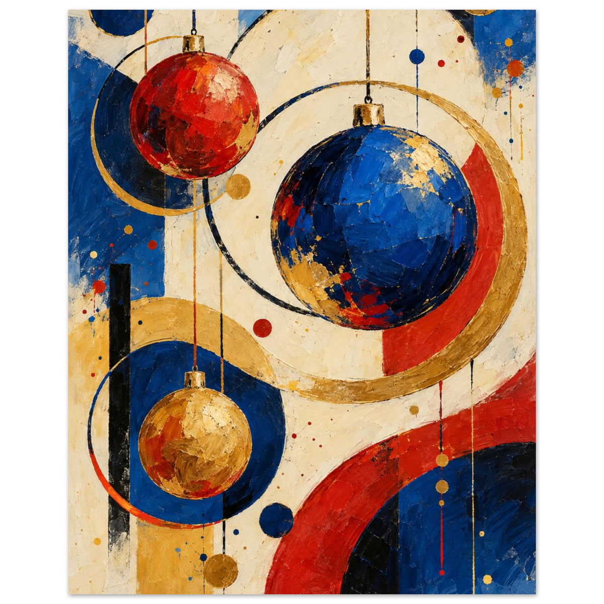 The Bauble Orchestra shows suspended circular ornaments and intersecting painted shapes in cobalt, vermilion, ochre and cream