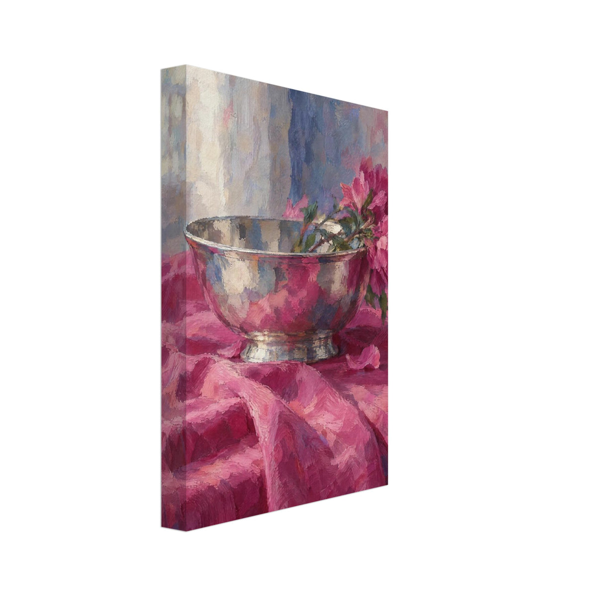 Pink Flowers And Silver Bowl Art Print – Canvas
