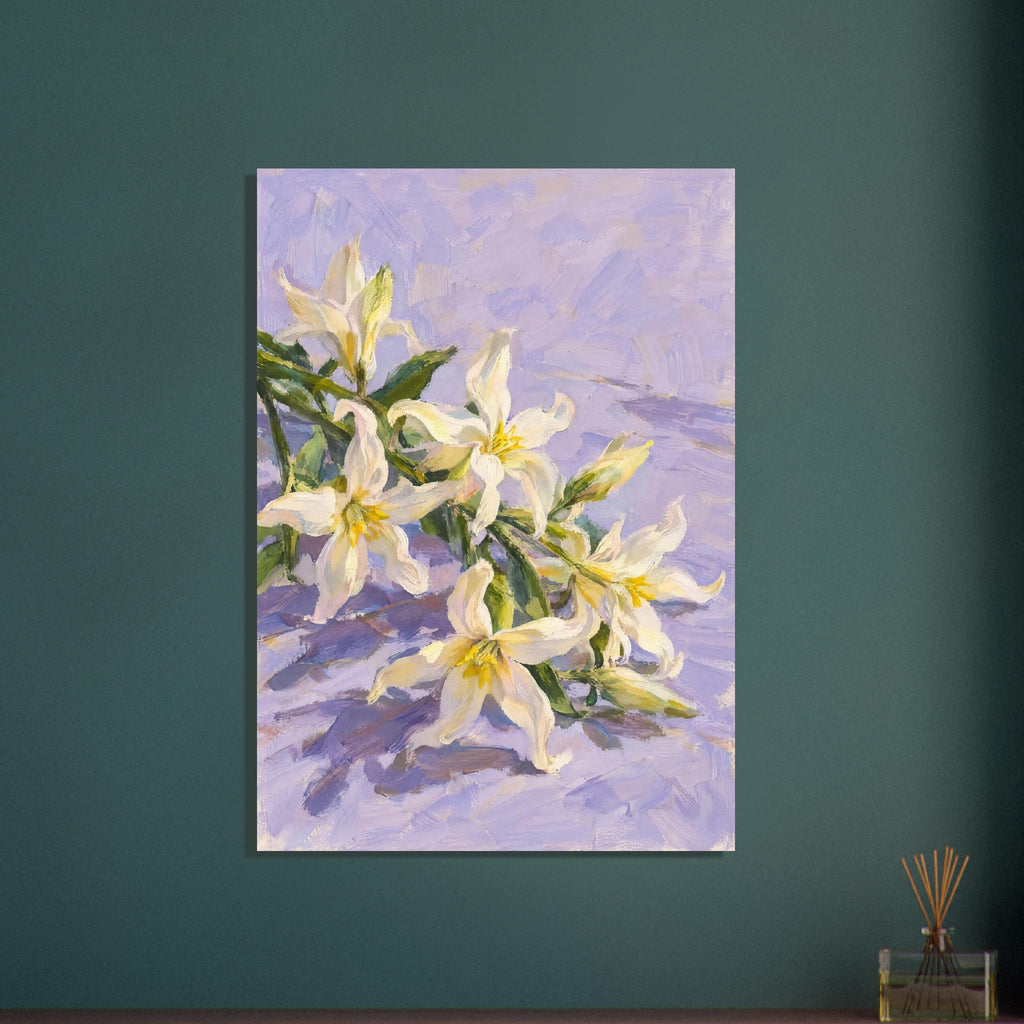 White lilies with yellow centres, green leaves and buds arranged diagonally across a textured lilac background.