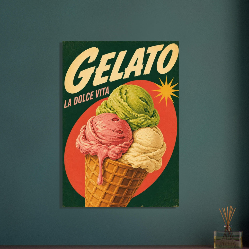 Gelato cone with green, pink and cream scoops on a dark green and red background, with bold lettering and a starburst.