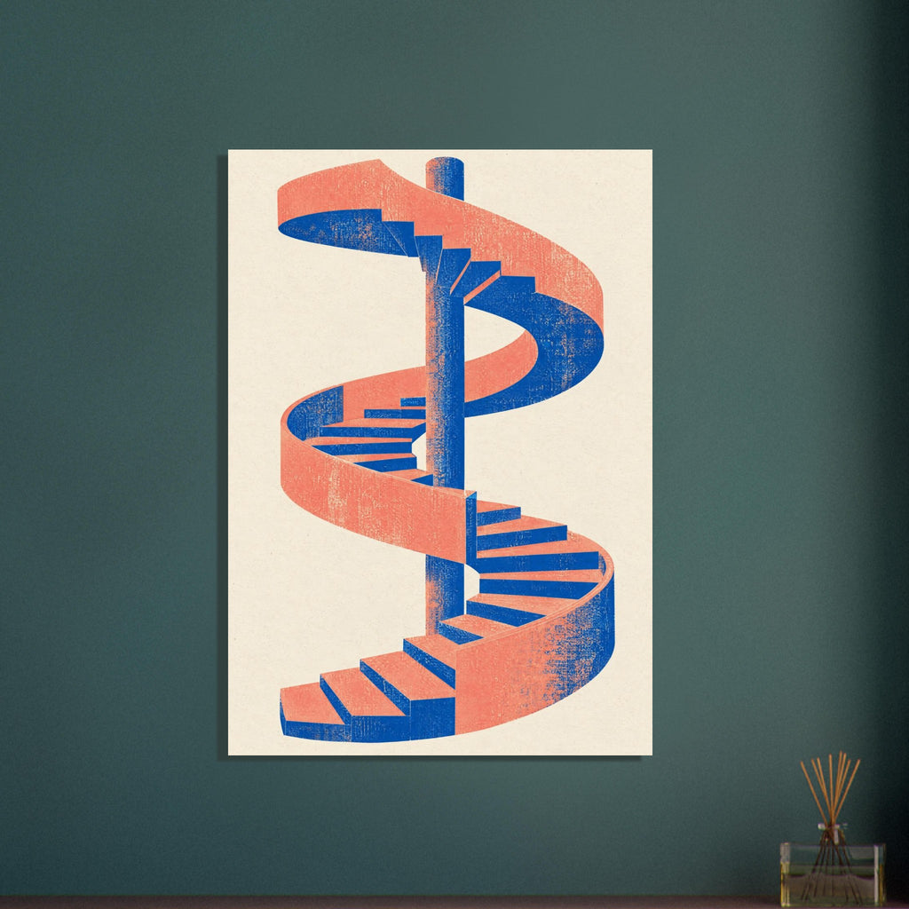 Spiral staircase in coral and cobalt blue winding around a central column on a cream background, with distressed texture.