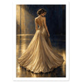 Woman seen from behind in a flowing gold pleated gown, with warm floor reflections and a dark navy background.