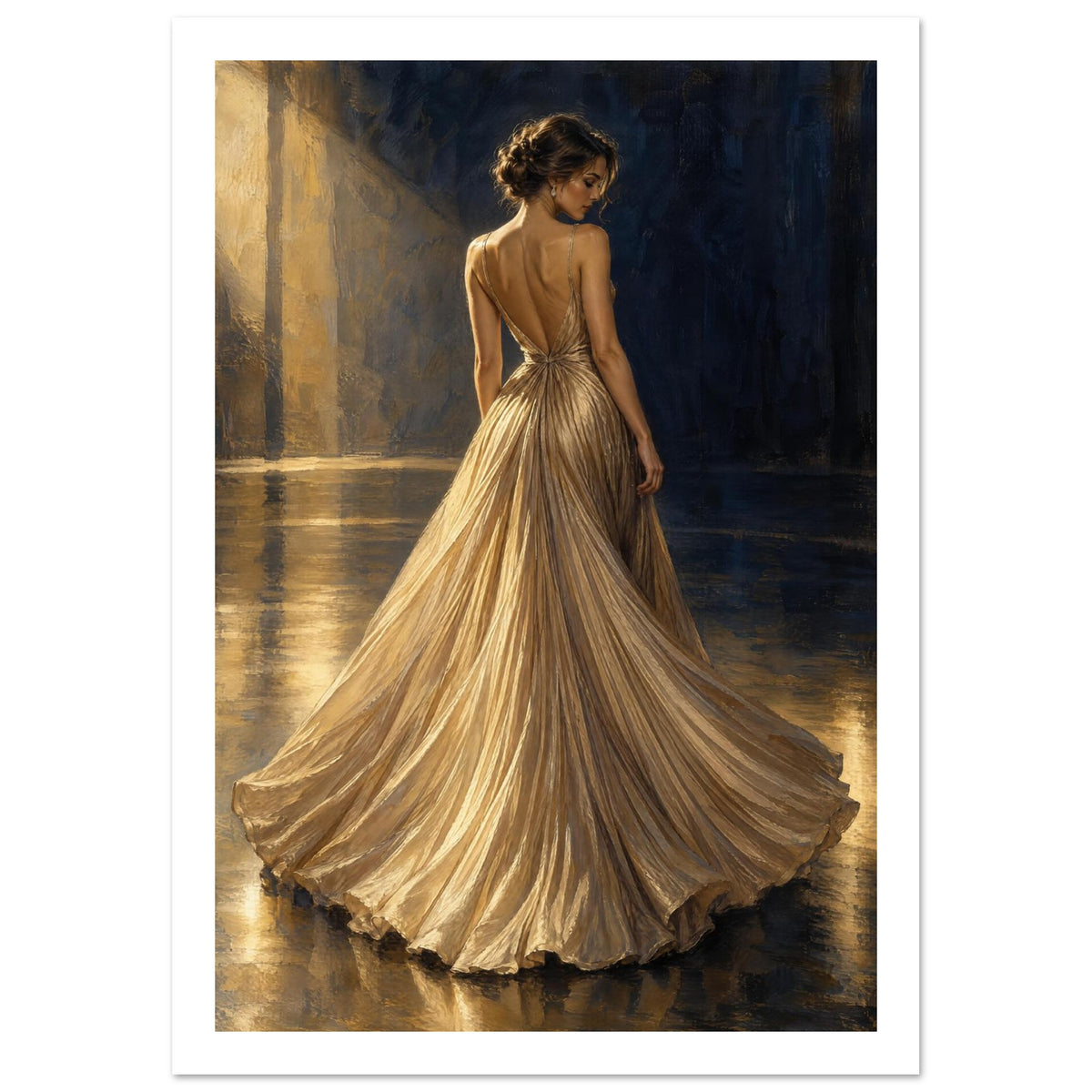 Woman seen from behind in a flowing gold pleated gown, with warm floor reflections and a dark navy background.