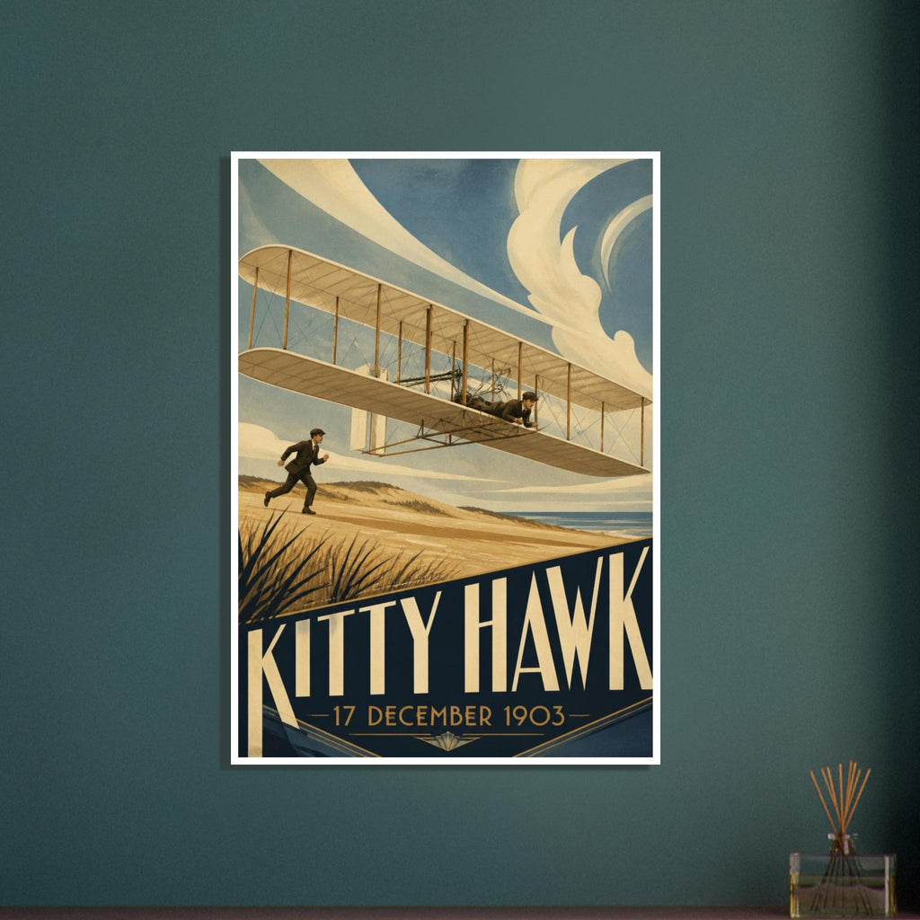 Biplane flying low over sandy dunes beside a running figure, with bold Kitty Hawk lettering and the date 17 December 1903.