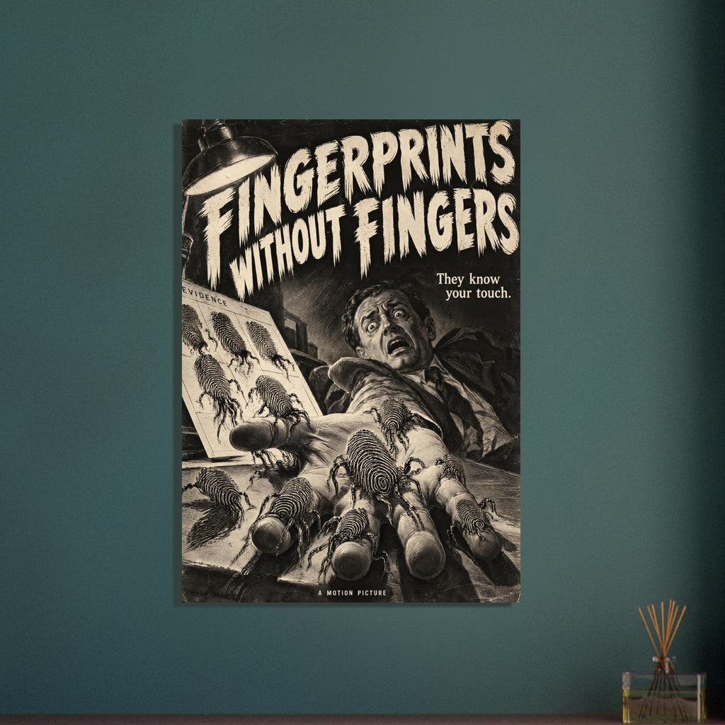 Fingerprint creatures crawl over an outstretched hand beneath a terrified man and the words ‘Fingerprints Without Fingers’.