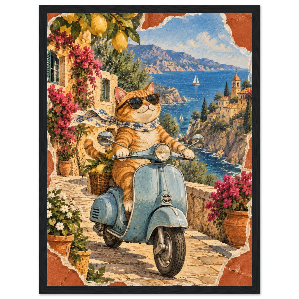Orange cat in sunglasses and a scarf on a blue scooter, with lemons, flowers, coastal buildings and sailboats behind.