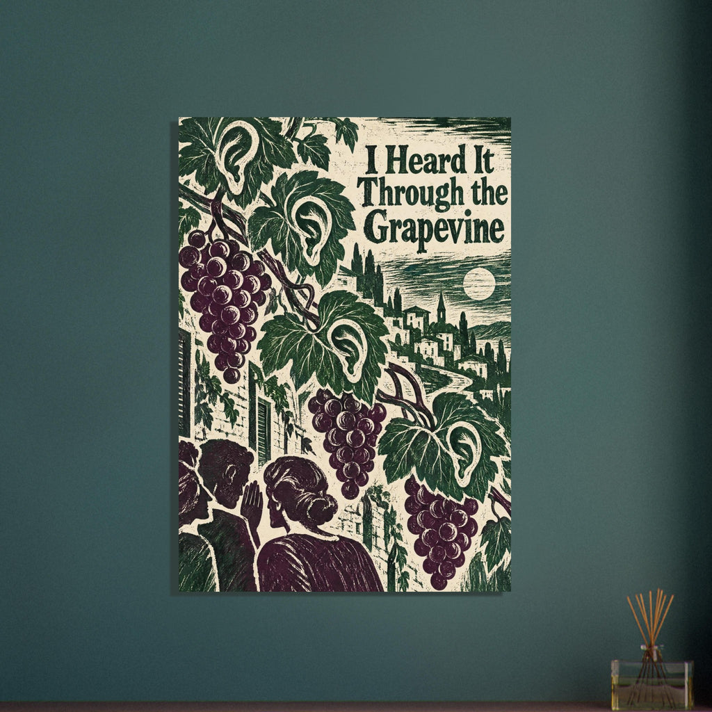 Grapevine leaves with ear motifs, purple grapes, whispering figures and buildings beneath I Heard It Through the Grapevine te