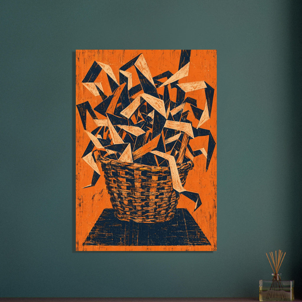 Woven basket overflowing with angular cream and navy ribbons against a textured orange background.