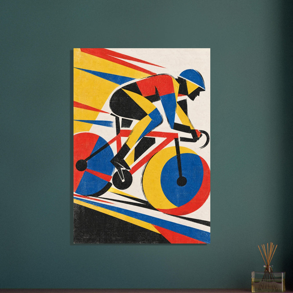 Geometric cyclist on a racing bicycle in red, yellow, blue and black, with diagonal streaks and distressed texture.