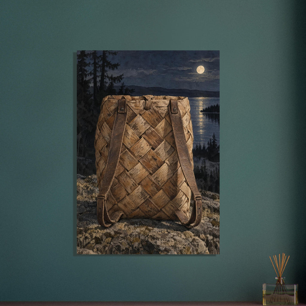 Woven birch bark backpack with brown straps on rocks, with dark conifers and a moonlit lake behind it.