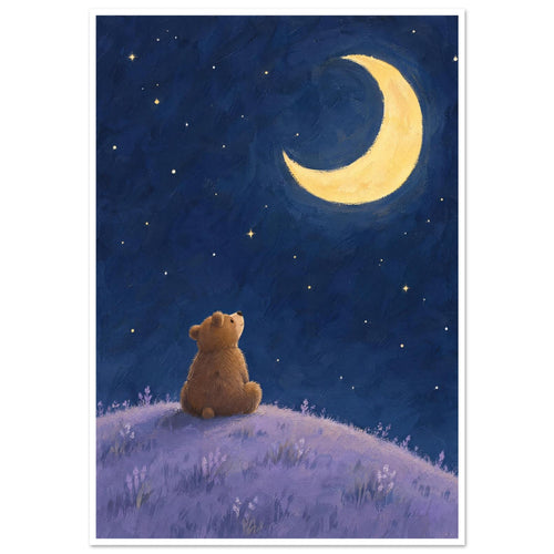 Brown bear sitting on a lilac hill, looking up at a yellow crescent moon and scattered stars in a deep blue sky.