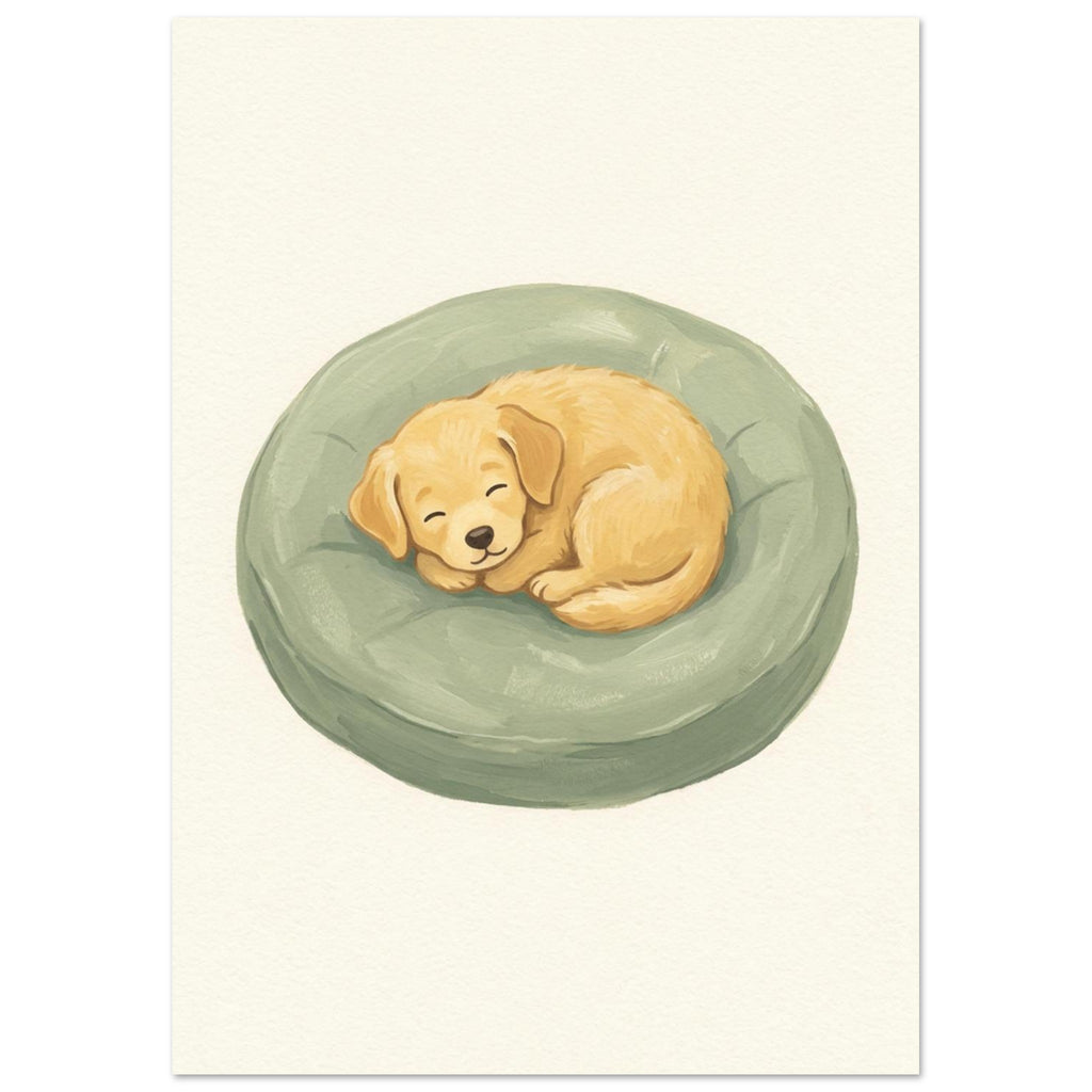 Sleeping Puppy On Cushion – illustration wall art print by Printavelle – close-up