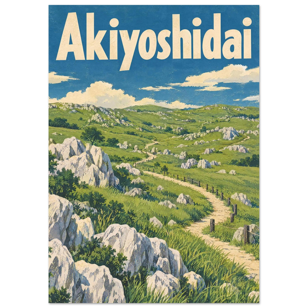 Akiyoshidai travel poster with cream lettering, green limestone hills and a winding fenced path beneath a blue sky.