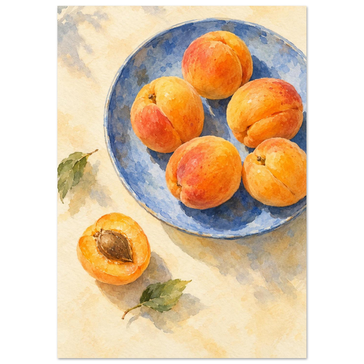 Apricots on a blue plate painted in watercolour, with a halved fruit beside the plate on a buttery cream tabletop.
