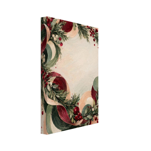 Christmas wreath of evergreen branches, red berries and sweeping burgundy, green and peach curls on a cream background.