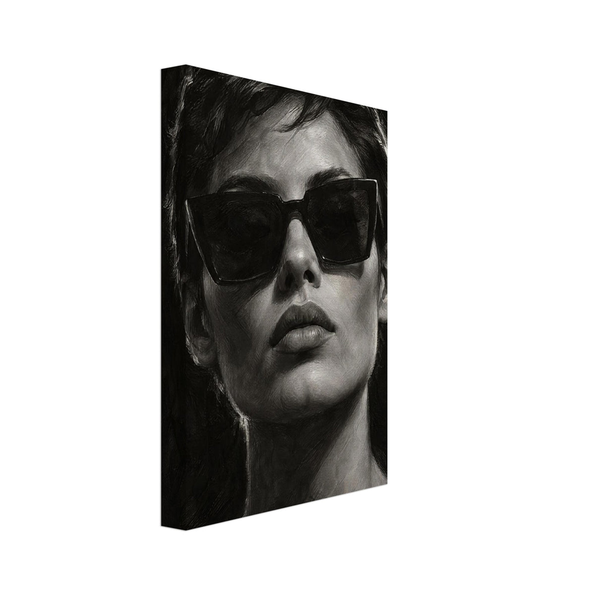 Behind the Sunglasses, a tightly cropped frontal face wearing large geometric sunglasses, with rim-lit short hair against bla