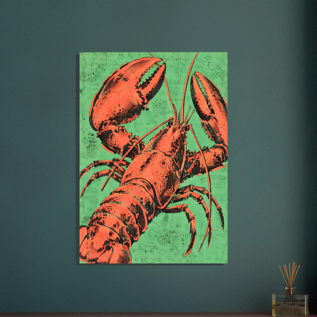 Orange lobster with raised claws, long antennae and textured black shading against a distressed green background.