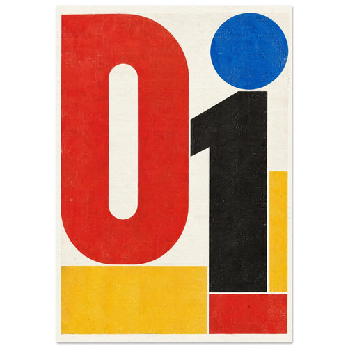 Large red zero and black one with a blue circle and yellow rectangles on a textured cream background.