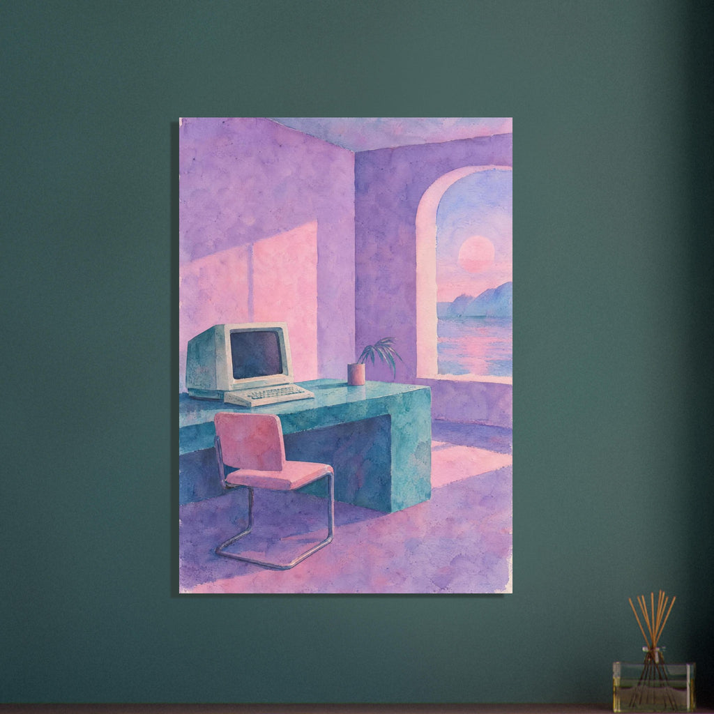 Retro computer on a turquoise desk with a pink chair, lilac walls and an arched window overlooking water at sunset.