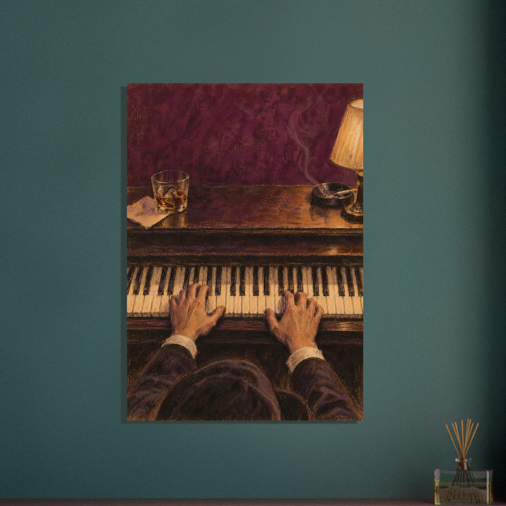 Piano player seen from above, hands on the keys, with a glass, smoking ashtray and lamp against a burgundy background.