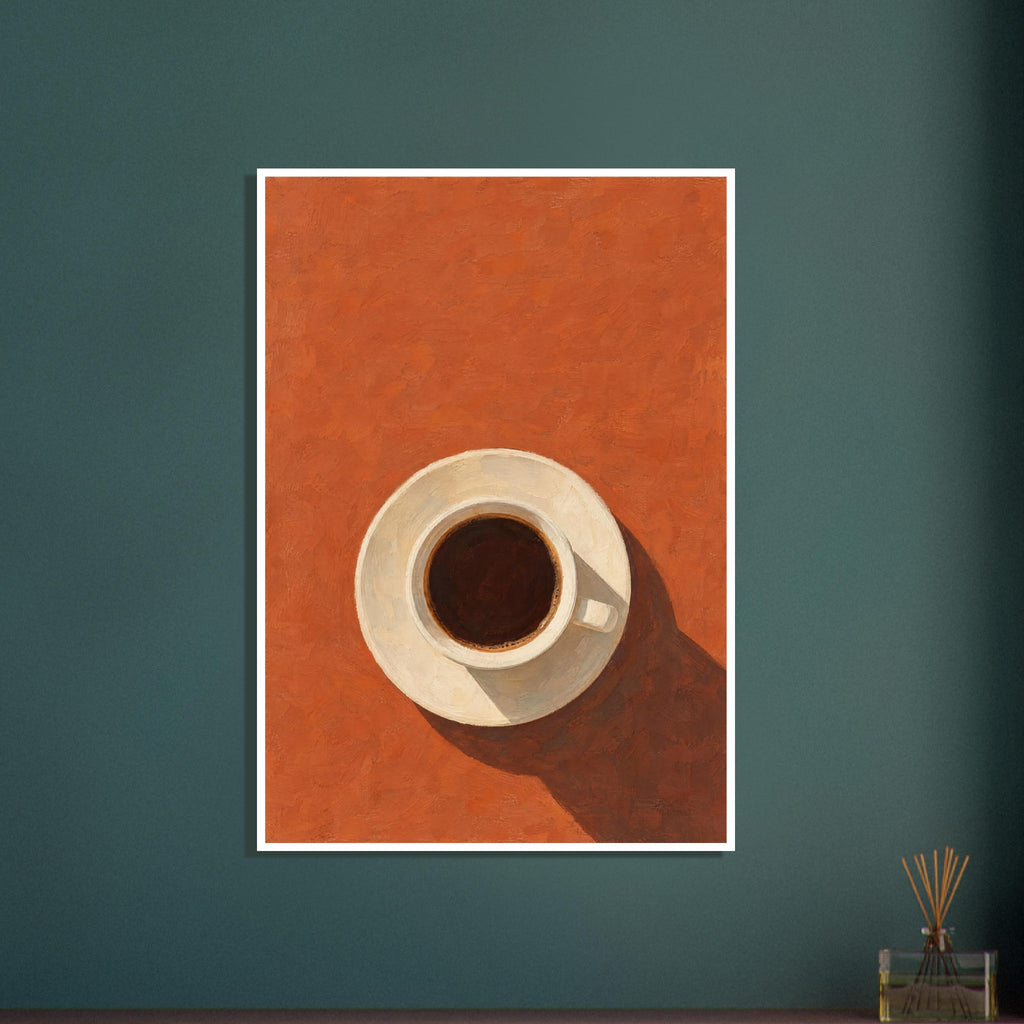 Cream cup filled with dark coffee on a saucer, viewed from above against terracotta orange with a long brown shadow.