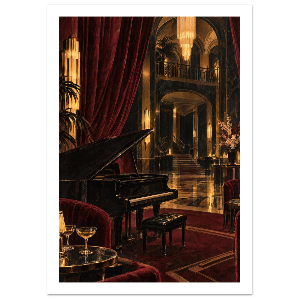 Black grand piano in an ornate lounge with burgundy curtains, golden chandeliers, velvet chairs and a staircase.